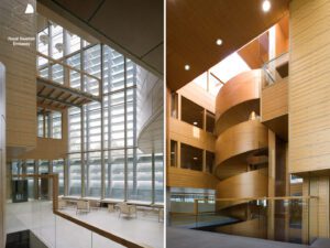 Timber interior of Royal Swedish Embassy with sculptural spiral staircase