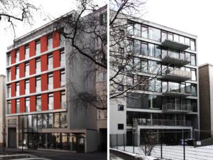 The tranquil garden courtyard of the Bandit Building, offering a private outdoor space for residents.