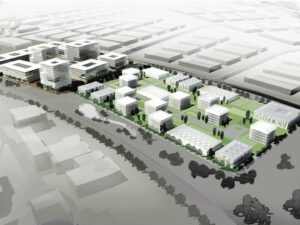 Aerial view of the BBI Business Park, showcasing its expansive layout adjacent to Berlin Brandenburg International Airport.