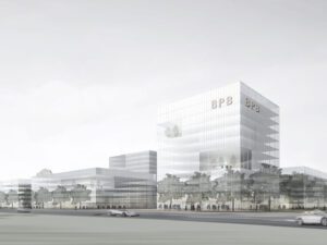 The Business Quarter of BBI Business Park featuring a mix of office buildings, hotels, and service facilities.