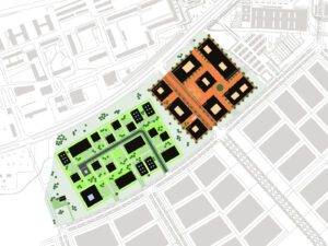 Master plan layout of BBI Business Park illustrating the division into Business and Service Quarters
