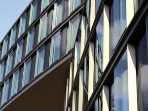 Facade detail of LTD 1 Hamburg, highlighting the double facade system and energy-efficient materials