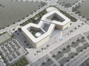 Aerial view of the New Foreign Ministry of Vietnam complex, showcasing its integration with the surrounding park-like landscape