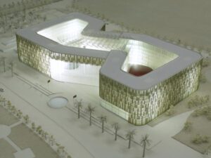 Interior view of interconnected atriums within the ministry, featuring natural lighting and communal areas