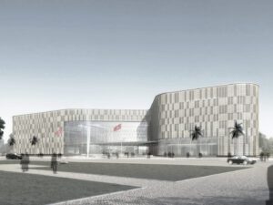 View of the main entrance to the ministry, featuring a multifunctional urban square designed for ceremonies and events