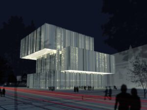 Exterior view of MOCA Wrocław from Street, showcasing its sculptural form with offset levels and textured glass facade