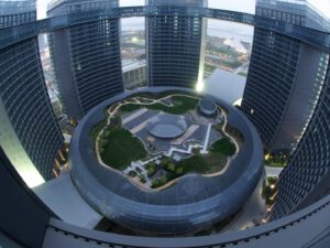 Aerial view of the Congress Center Hangzhou, showcasing its gemstone-inspired architecture