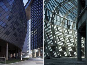 The Congress Center surrounded by six high-rise office buildings connected by a circular bridge