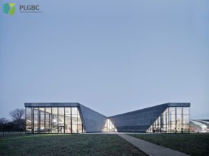 View of the Muzeum Lotnictwa Polskiego, showcasing its distinctive wing-shaped architecture