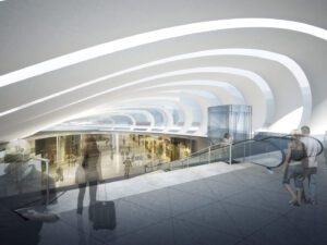 Spacious underground concourse with clear sightlines and natural lighting at Station Sofia.