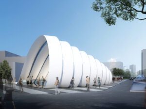 Sweeping steel-and-canvas canopy rising from landscaped plaza at Sofia Metro Station 20