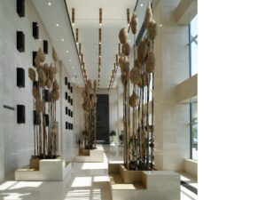 Interior space featuring bamboo groves and natural stone blocks.