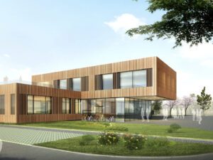 Modern building with larch timber ventilated façade and cantilevered eastern section