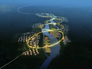 Aerial rendering of Green Health City masterplan featuring five interconnected island districts along the Wanquan River in Hainan, China