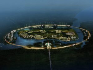 Visualization of renewable energy systems including wind turbines, solar panels, and biogas facilities