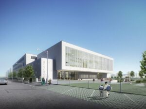 Main entrance of Berlin City Primary School featuring a vast glazed façade and adjacent gymnasium