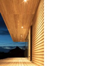 Close-up of untreated larch cladding and wooden window frames