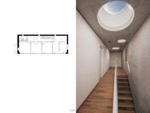 Circular skylights on the ceiling of the top-floor rooms