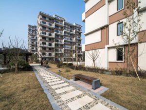 Pedestrian pathways connecting different sections of the residential complex