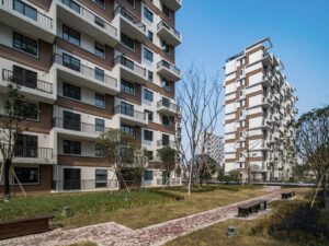Modern facade of residential buildings with sustainable architectural elements