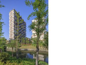Lush green communal areas surrounded by residential buildings