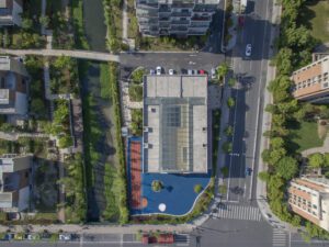 Lush green area surrounding the kindergarten building