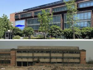 "Exterior view of the Xintiandi Factory in Hangzhou, showcasing the adaptive reuse of an old iron foundry into a modern office-hotel complex