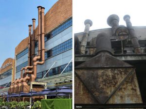 Close-up of the repurposed clinker brick walls and corten steel window frames in the Xintiandi Factory