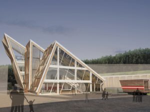 Architectural rendering of the Austrian Pavilion for EXPO 2025, showcasing its triangular timber structure and expansive glass facades