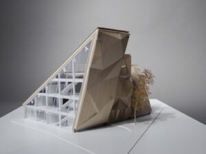 Physical model of the Austrian Pavilion for EXPO 2025, demonstrating the modular timber construction and spatial layout