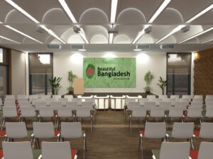 Interior view of the embassy's multipurpose hall, designed for exhibitions, cultural events, and receptions with a capacity of up to 200 guests.(Botschaft der Volksrepublik Bangladesch)