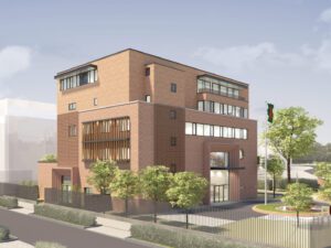 Architectural rendering of the new five-story Embassy of Bangladesh in Berlin (Botschaft der Volksrepublik Bangladesch), featuring red brick facades and traditional Jaali-inspired latticework.