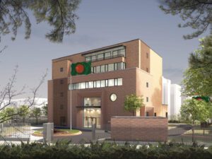 Design of the embassy's main entrance with a two-story arched gateway composed of five stepped brick layers, referencing the IUT mosque and the five pillars of Islam.(Botschaft der Volksrepublik Bangladesch)