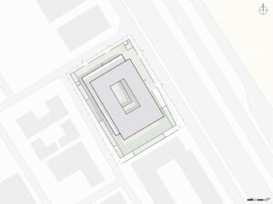 line drawing of Assila Investment HQ in Riad with entrance arrow and site context.