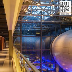 Thumbnail for Interior of a factory with two sphere conference hall and mood lighting for Xintiandi Factory Hangzhou and DAM Preis nomination logo.