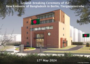 Brick building render as embassy with Bangladesh flag in front garden.