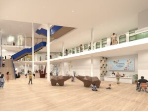 Interior render of AD Museo in Helsinki with blue staircase and colourful spaces.
