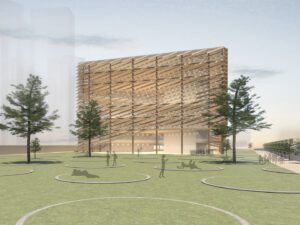 Green field with circular landscape and trees in front of timber library, Bookube.