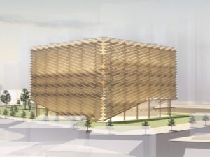 Timber library with slanted facade and landscaping in middle of Seoul City.